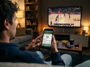 Persona usando smartphone para hacer una apuesta de baloncesto con partido de Euroliga en televisor de fondo