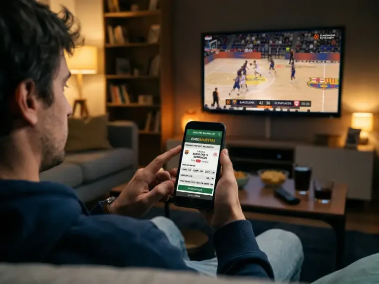 Persona usando smartphone para hacer una apuesta de baloncesto con partido de Euroliga en televisor de fondo