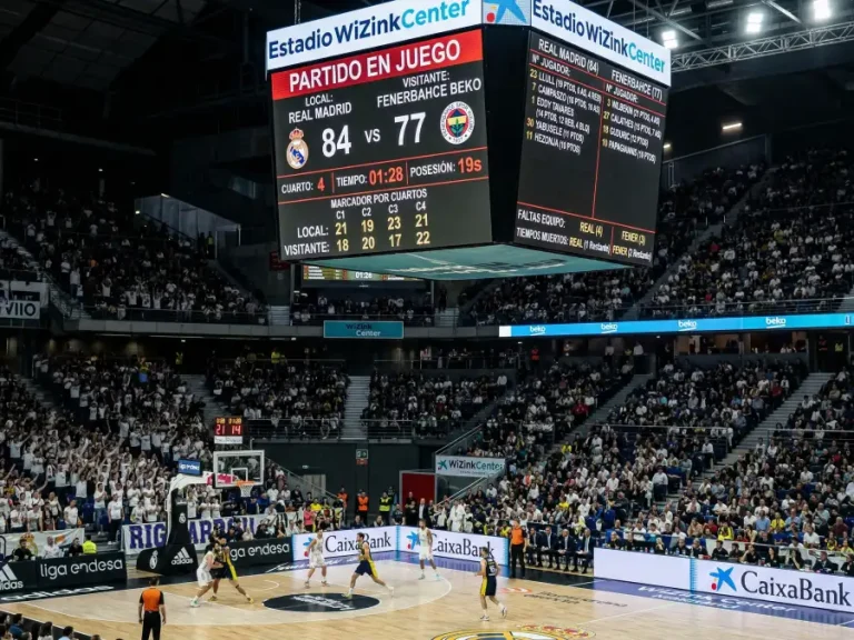 Marcador de baloncesto mostrando puntuacion por cuartos de partido