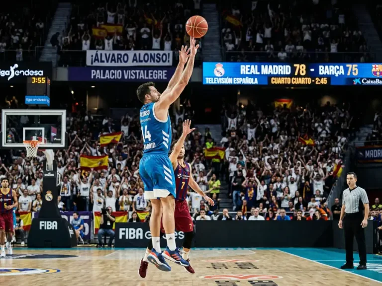 Jugador de baloncesto profesional ejecutando un tiro durante partido de Euroliga