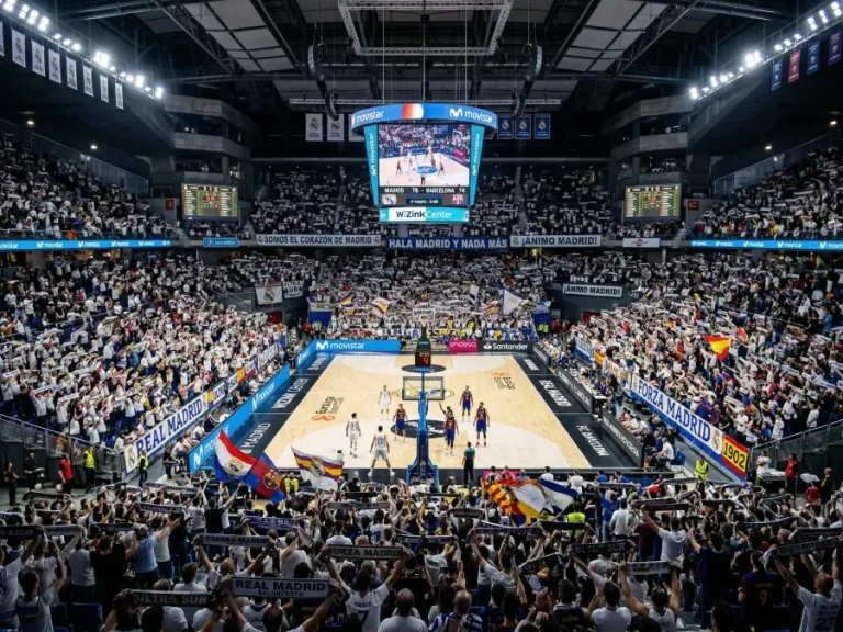 Pabellon de baloncesto europeo completamente lleno de aficionados durante partido de Euroliga