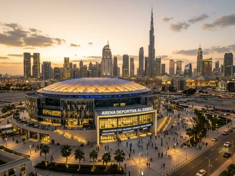 Skyline de Dubai con pabellon deportivo moderno en primer plano
