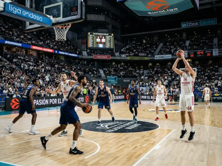 Jugadores de baloncesto de elite durante calentamiento previo a partido de Euroliga