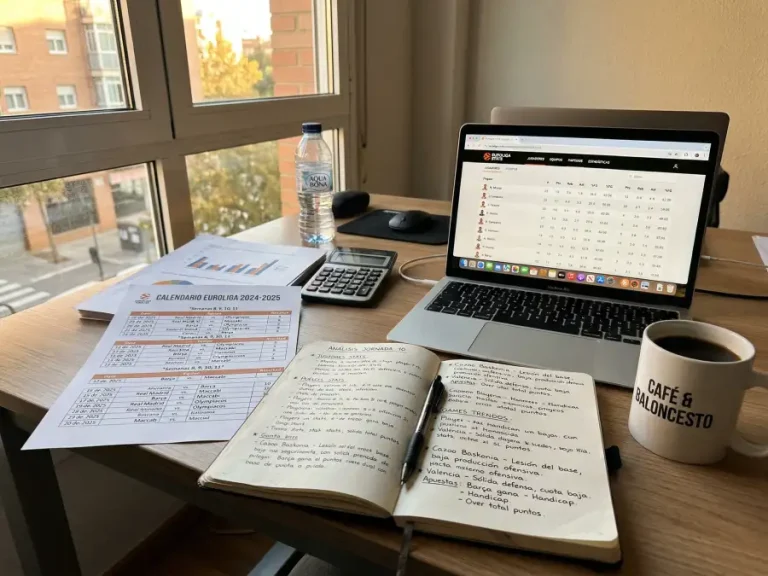 Mesa de trabajo con calendario de partidos de Euroliga y notas de analisis