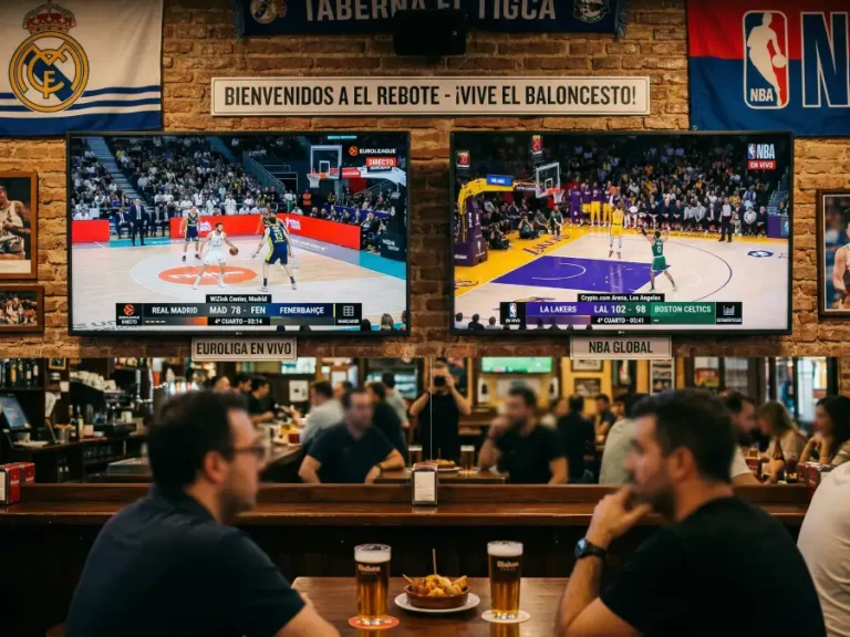 Dos televisores mostrando partido de Euroliga y partido de NBA simultaneamente