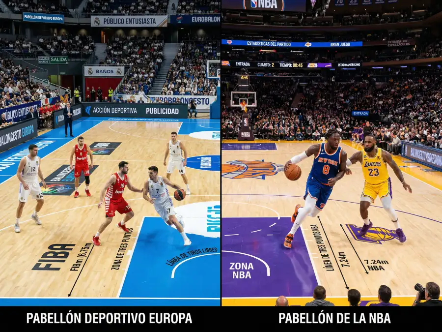 Comparativa visual entre baloncesto Euroliga y NBA mostrando diferencias en ritmo de juego