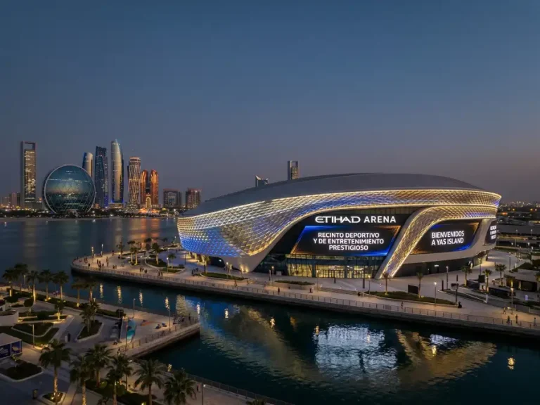 Vista exterior del Etihad Arena en Abu Dhabi iluminado de noche