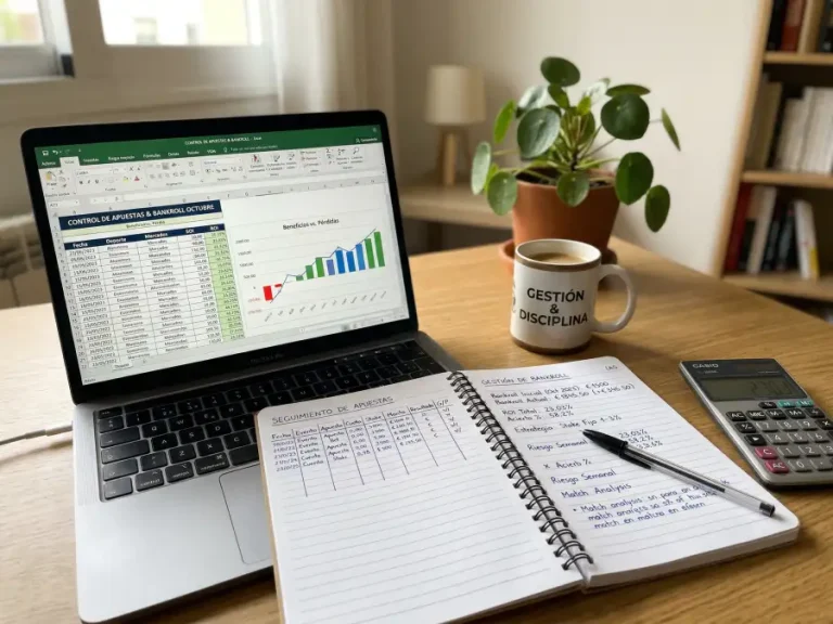 Libreta con calculos de gestion de bankroll junto a ordenador con graficos de apuestas