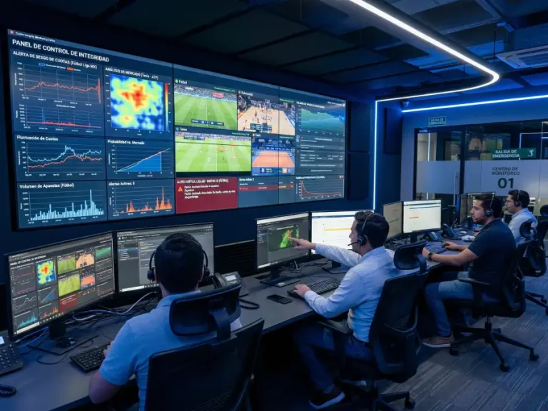 Centro de monitorizacion de integridad deportiva con pantallas de analisis de datos