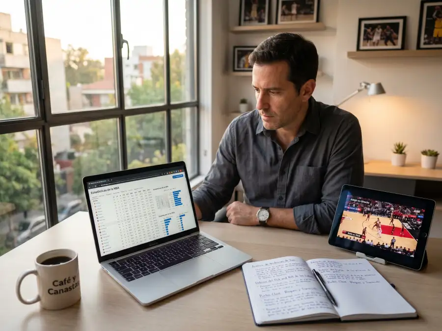 Analista revisando estadísticas de baloncesto europeo antes de realizar apuestas
