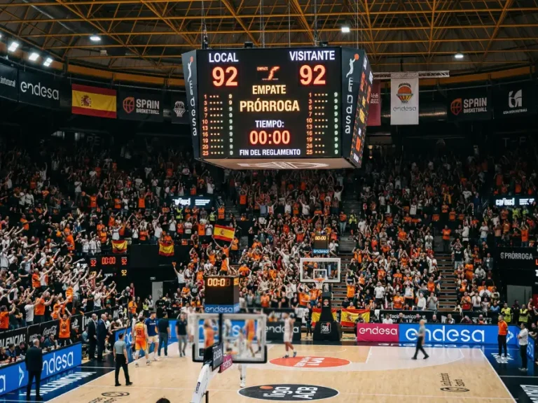 Marcador de baloncesto mostrando empate al final del tiempo reglamentario