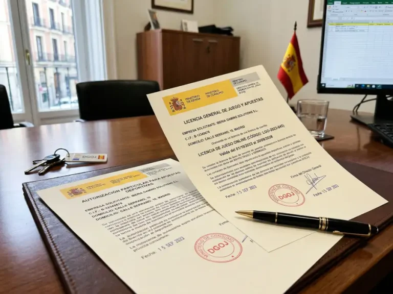 Documentos oficiales de licencia de juego junto a simbolo de regulacion española