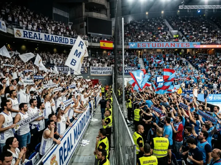 Aficionados rivales de baloncesto separados en tribunas durante derbi europeo