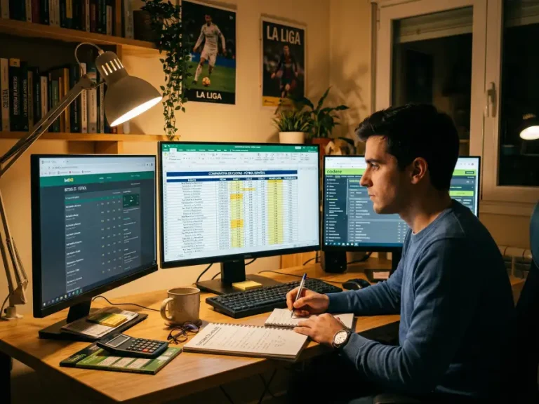 Analista comparando cuotas de diferentes casas de apuestas en multiples pantallas